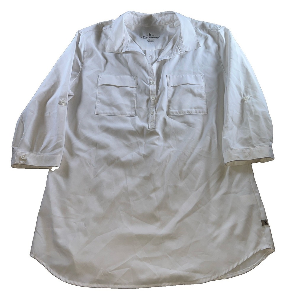 Royal Robbins Shirt Size Large 3/4 Roll Tab Snap Front Hiking Hidden Back Pocket